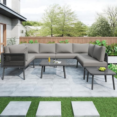 U-förmiges Gartenmöbel Set, Eisen Garten Loungesessel Set, balkon möbel, Wetterfestes Outdoor Ecksofa, terassenmöbel außen, für 8 Personen, mit 2 Tischen und 4 Zweisitzer-Sofas, Kissen inklusive