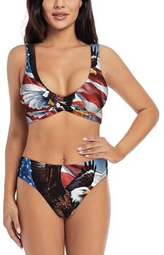 Stylisches Damen-Bikini-Set, Adler mit USA-Flagge, 2-teilig, perfekt für Strand und Pool, Schwarz, XX-Large