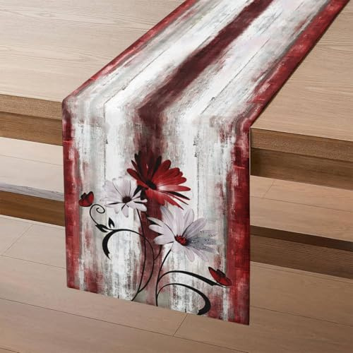 Tischläufer Weihnachten Blumen in Weihnachtsrot, Moderne Tischläufer 140x40 cm Weiße Gänseblümchen Schwarze Blätter Schmetterling Küche Tisch Dekoration für Weihnachten Drinnen Urlaub Party Dekor