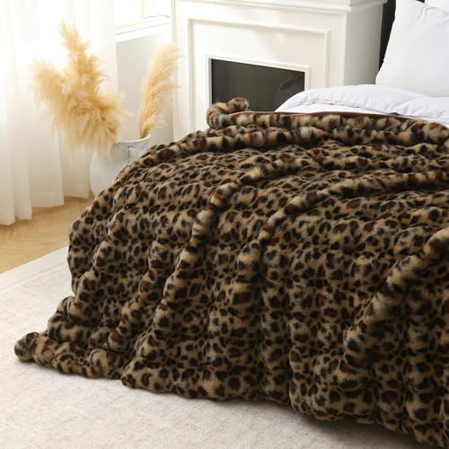 DREAMLANDING Luxuriöser Überwurf aus Kaninchenfell, Sherpa-Überwurf, wendbar, flauschig, warm, gemütlich, flauschig, für Bett, Sofa, Couch, Heimdekoration (Leopard, 150 x 200 cm)