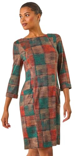 Roman Women Shift Dress with Pockets - Ladies Autumn Winter Tunic 3/4 Length Sleeve Knee Length Smart Casual Office Work Cocktail Party Round Neckline Comfy Soft - Dark Orange - Size 16