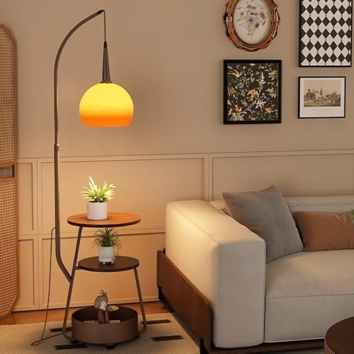 KlkrzJwy Mid-Century-Globus-Stehleuchte Aus Glas Mit Dreistufiger Holzplatte, Höhenverstellbar, Orangefarbenes Glas, E27-Fassung, Dimmbar, Hohe Leuchte Für Wohnzimmer, Schlafzimmer Oder Arbeitszimmer