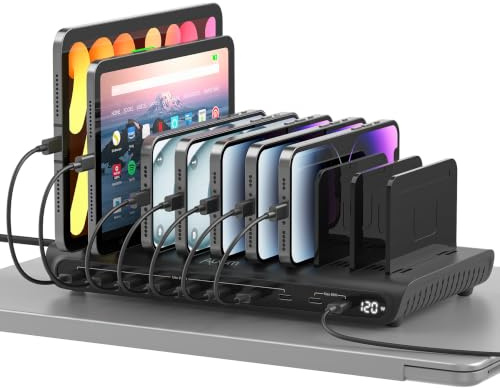 Alxum 120W 10 Ports Station de Charge USB-C avec PD 65W & Séparateurs | 8 ports 15W & 2 ports 65W PD. 11 séparateurs réglables. Protection intégrée. Idéal bureau, école & lieux publics.