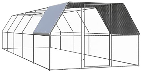 Hommdiy Hühnerstall Winterfest,Hühnerauslauf,Hühnergehege Freilauf Groß,Voliere Hühner,Outdoor-Hühnerkäfig3 x 10 x 2 m Silber und Silbergrau mit teilweise überdachtem Dach