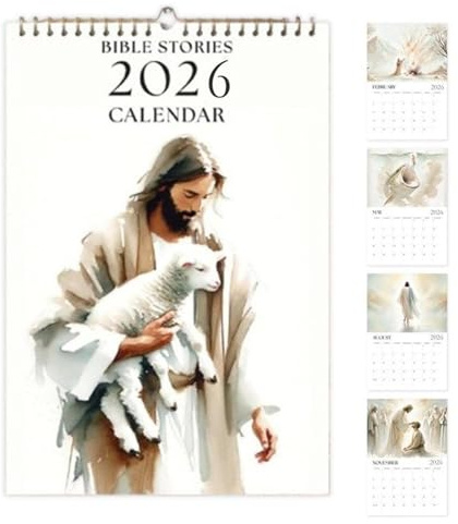 Arrovarp Christlicher Wandkalender 2026, 27 x 20 cm, 12 Monate, Jesus-Kalender, Monatsplaner, Bibelgeschichten, Papier, hängbar, 2026, christliche Bibelgeschichten, Wandkalender für Schlafzimmer