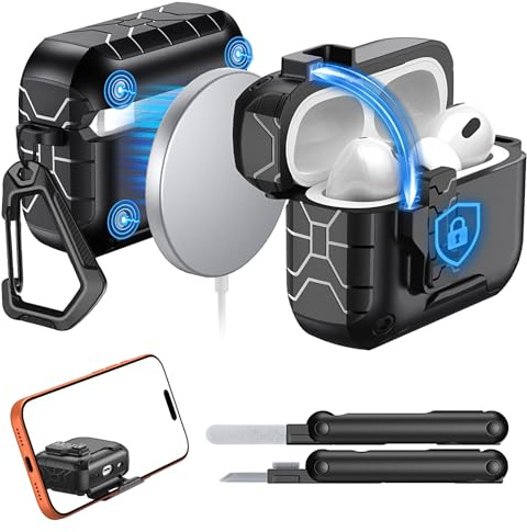 Funda Moko para AirPods Pro 2/1,Cubierta Protectora Antigolpes | Compatible Con MagSafe, Bloqueo Y Soporte Móvil, Apertura Automática, Kit Limpieza, Para AirPods Pro 2/1 Generación