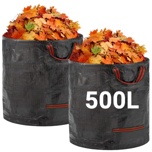Velway Bolsas de Residuos de Jardín 500L x 2 Reutilizables con Asas, Negras | Tela Industrial para Hojas, Basura y Escombros, Sacos de Jardín Reutilizables, Bolsas Plegables para Camping y Residuos