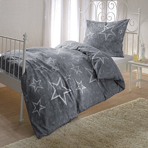 G Bettwarenshop Biber Bettwäsche Sterne anthrazit 1 Bettbezug 155 x 220 cm + 1 Kissenbezug 80 x 80 cm
