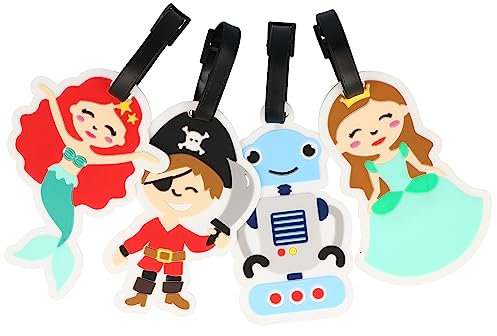 com-four® 4x Kofferanhänger aus flexiblem Kunststoff in bunten Farben - Gepäckanhänger für Kinderkoffer und Reisetasche mit Adressanhänger (04 tlg. - Roboter. Pirat. Prinzessin. Meerjungfrau)