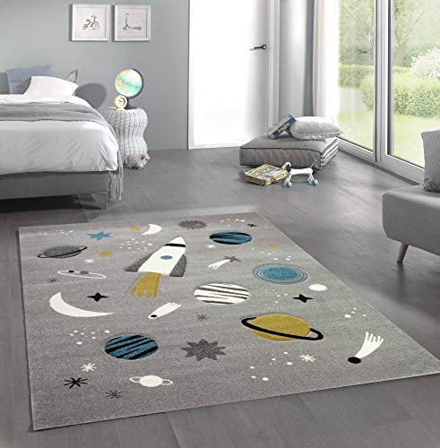 CARPETIA Teppich Kinderzimmer Weltraum Rakete Planeten grau blau Größe 120 cm Rund