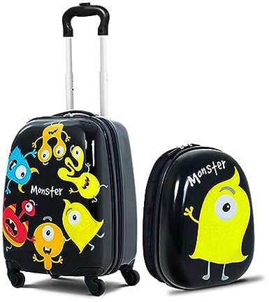GOPLUS Kinderkoffer mit Rucksack, Kids Trolley, Kindergepäck mit Rollen, Reisekoffer mit Teleskopgriff, Hartschalenkoffer für Kinder, Kindertrolley Farbwahl (Monster, 12+16)