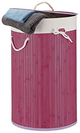 Relaxdays Wäschekorb Bambus, Faltbare Wäschetonne mit Deckel, Volumen 70 l, Wäschesack Baumwolle, rund Ø 41 cm, violett