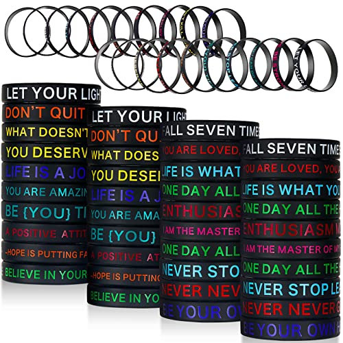 60 Pieces Inspirational Rubber Bracelet Motivational Quote Silicone Bracelets 20 Styles Black Stretch Wristbands for Men Women Teens (Dark Colors)