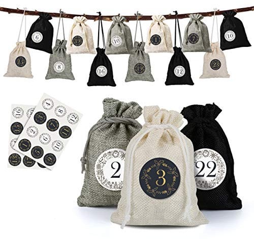 Naler 24 x Jutesäckchen Adventskalender Stoffbeutel mit Zahlenaufkleber Jute Beutel Natur Säckchen Geschenksäckchen für Weihnachten - Schwarz/Creme/Hellgrau