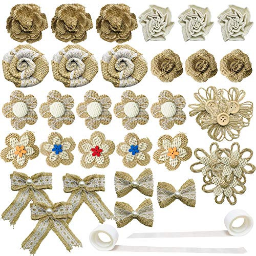 Allazone 41 Stück Juteband mit Spitze Weiß, Natürliche Sackleinen Blumen Set, Bände Weißes Spitzenband Sackleinen Blumenset, Klebepunkte für Hochzeit, Party, Dekoration