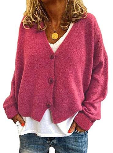 Onsoyours Cardigan Femme Tricot Gilet Femme Chaud avec Doublure Chandail Femme Épais Boutons De Corn Outwear en Maille Torsadé Manteau Hiver B Rose M
