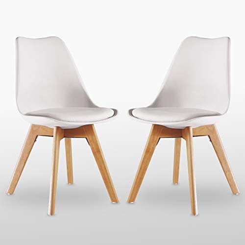 Single Set of 2/4/6 Retro Modern Dining Chairs – Lorenzo Plastic Chairs with Cushioned Pad Seat & Solid Beech Wooden Legs - Side Chair for Living Room Kitchen Office Lounge (White, Pack of 2)