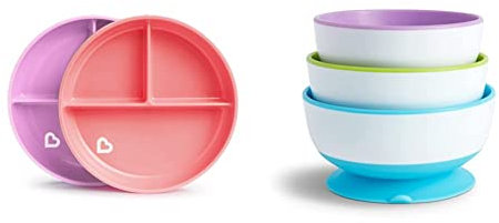 Munchkin Bols avec Ventouse Ultra Puissante, Lot de 3 et Assiettes à Compartiments avec Ventouse, Rose/Violet