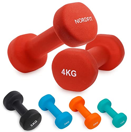 Neoprene Coated Dumbbells for Home Exercise, Pilates, Gym, Cardio, Dumbbell Weights Set in 1-5kg Pairs by Nordfit