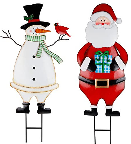 Hausse 2 Stück Weihnachts-Gartenstecker aus Metall, 80.9 cm, dekorativer Schneemann und Weihnachtsmann, Weihnachtsgartschilder für Outdoor-Dekorationen, Feiertage, Neujahr, Weg, Terrasse
