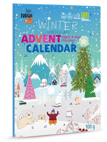 SUPER FUDGiO Vegan Adventskalender mit ORGANIC Schokolade | BIO Weihnachtskalende | Snack-Kalender für 2024 | 100g