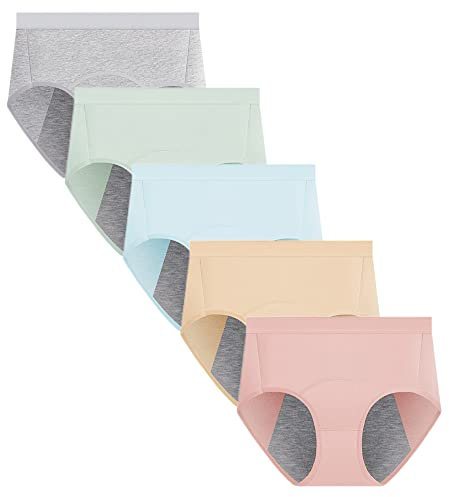 Yintry Women's Menstrual Period Panties Cotton Leakproof Underwear Heavy Flow Protection Pants Breathable briefs 5 Pack (XL, 5Colors)