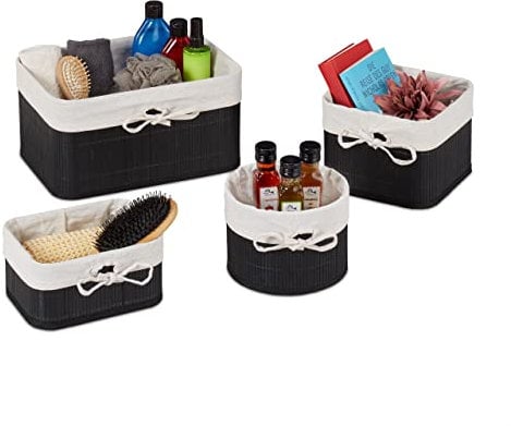 Relaxdays Paniers de Rangement, lot 4, Bambou, intérieur Tissu, corbeilles Salle de Bain, Armoire, 4 Tailles, Noir-Creme