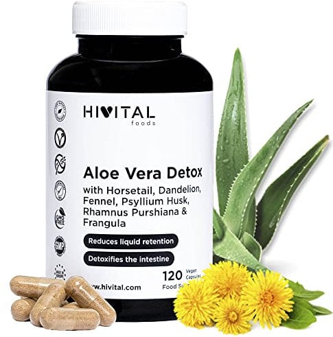 Aloe Vera Detox. 120 gélules végétaliennes pour 4 mois de traitement. Avec Cascara Sagrada, Bourdaine, Prêle des Champs, Pissenlit, Fenouil et Psyllium. Fabriqué en Europe par HIVITAL