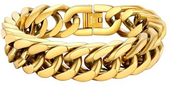PROSTEEL Chain Bracelet for Men 17MM Width Cuban Link Bracelet Gold Plated Hip Hop Jewellery 19 CM for Mens Boys with Gift Box