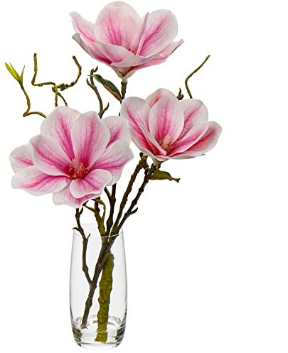 Artificial Magnolia Flower in Vase Real Touch Fake Flower in Glass Vase with Faux Water Pink Silk Flowers Faux Magnolias Flora Arrangement for Home Office Wedding Table Centerpiece Decoration
