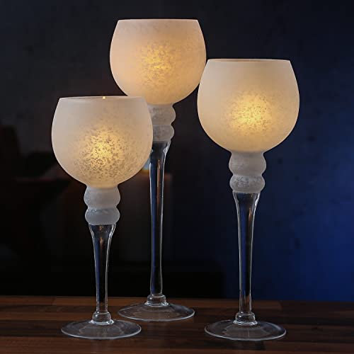 Kerzenhalter Kelch 3er Set Windlicht Glas 3 Höhen Teelichthalter in Kelchform Dekokelch Dekoglas Kerzenständer (weiß satiniert)