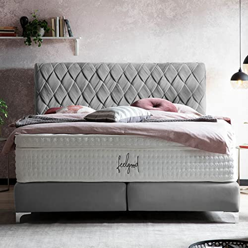 Boxspringbett Lyon 180x200 Velours, mit Topper, Hand geflochten, Hotelbett, ohne Bettkasten, 7 Zonen Taschenfederkern-Matratzen, Aufbau KOSTENLOS (Grau, 180x200 cm mit Topper)