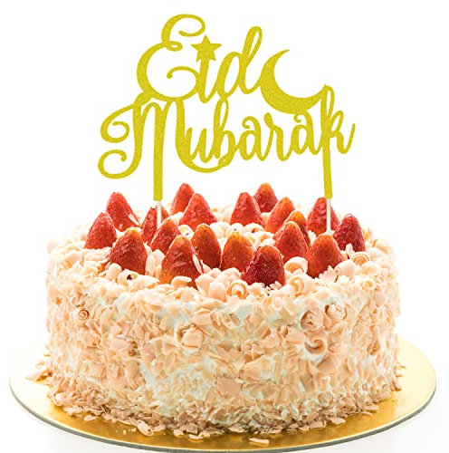 ALLY-MAGIC Eid Mubarak Cake Topper - Crescent Moon Star Eid Cake Decorations - Gold Glitter Paper - 1 Count