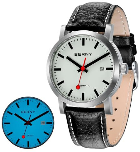 BERNY Männer Mechanik Kalender Automatische Uhr mit leuchtendem großem Gesicht mit Datumsfunktion Lederband Armbanduhr (weiß)