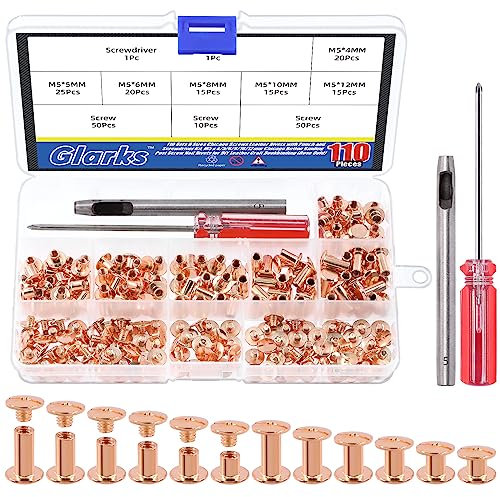 Glarks 110 set di rivetti in pelle Chicago in 6 misure con punzone e kit cacciavite, M5 x 4/5/6/8/10/12 mm, rivetti per rilegatura a bottone Chicago, per lavori fai da te in pelle (oro rosa)