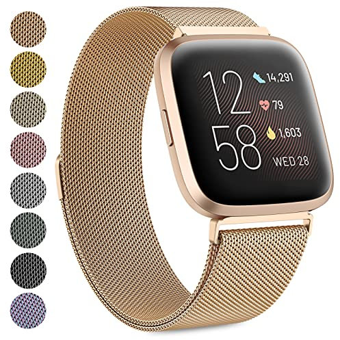 Oumida Armband für Fitbit Versa 2 Armband/Fitbit Versa Armband/Fitbit Versa Lite Armband für Damen Herren, Prämie Edelstahl Metall Ersatzarmband Armbänder mit Starker Magnet, Klein Roségold
