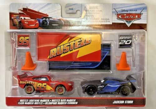 Disney Cars 2022 Fan-Favorite 2-Pack with Race Team Flags and Signs: Rusteze Lightning McQueen Jackson Storm