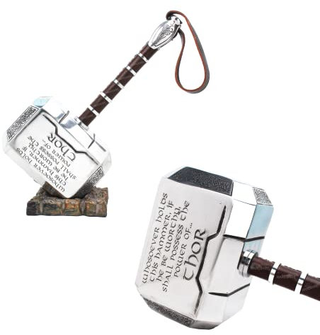 WARESHIRE Premium Thor Hammer Metal Mjolnir with Brass Display Base Leather Wrist Strap | Cosplay Prop LARP Medieval Roleplay Collectible SCA Theme Party Gift with Engraved Odin Enchantment