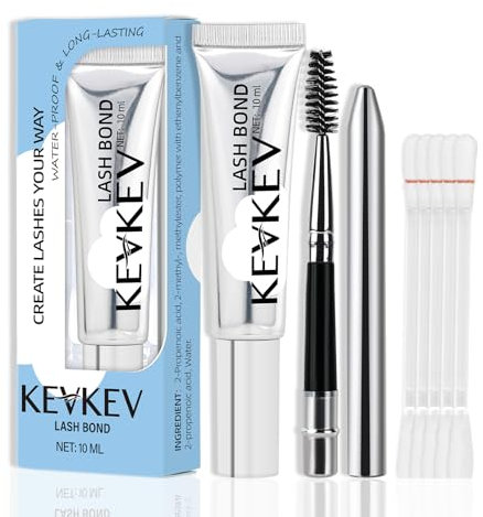 KevKev Eyelash Glue 10ml for Lash Clusters and Extensions - Waterproof Bond Lasting 48-72 Hours With Brush and Remover Cotton Swabs Set (Black)