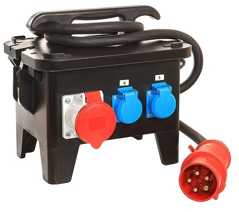 as - Schwabe Baustromverteiler – mobiler Stromverteiler – IP44, 60820 | Eingang CEE-Stecker 400V/16A/5-polig - Starkstrom Adapter 4 x Schutzkontaktsteckdose, 2 x CEE 400V/16A/5-polig – Made Germany