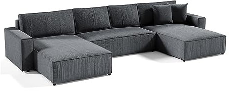 Mars Meble Ecksofa Parys U Eckcouch mit Schlaffunktion und Bettkasten U-Form Polsterecke aus Cord-Bezug 390 cm Ecke u-förmig, Farbe: Grau, Poso 60