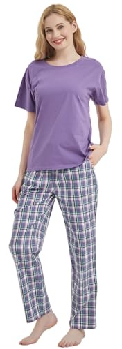 iceBoo Women’s 100% Cotton Pyjamas Set Short Sleeve Top & Bottoms with Pockets & Adjustable Drawstring Waist
