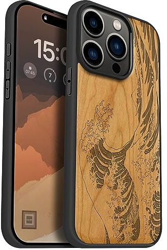 Carveit Magnetic Wood Case for iPhone 15 Pro Case [Solid Wood & Black Soft TPU] Shockproof Protective Cover Unique Wooden Compatible with magsafe (The Great Wave Off Kanagawa -Cherry)