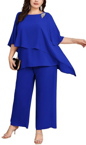 Hanna Nikole Hosenanzug Damen Große Größen Komfortabel Gefüttert Festlich Hosenanzug Elegant Hohe Taille Sommer Vintage 2-Teiliges Set Party Cocktail Hochzeit Lange Hose Königsblau 48