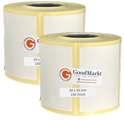 GoodMarkt Thermodirekt Etiketten selbstklebend | 50x30 mm 2 Rolle, weiß, 460 Etiketten | Kompatibel mit Brother, Zebra | Haushaltsetiketten, Barcodeetiketten, Marmeladenetiketten