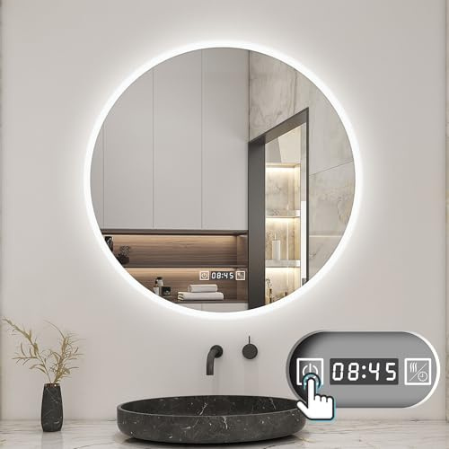 Biubiubath LED Badspiegel Rund 80cm,Badezimmerspiegel mit Touchschalter Beschlagfrei,Uhr 3 Lichfarbe Dimmbar, Runder Spiegel mit LED Beleuchtung IP44