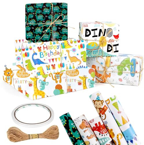 Yuqilin Geschenkpapier, 5 Stück 70 × 50 CM Geschenkpapier Geburtstag, Kinder Cartoon-Tiere Wrapping Paper mit Hanfseil & Doppelseitiges, Gastgeschenke Packpapier für Kindertag Festival Party