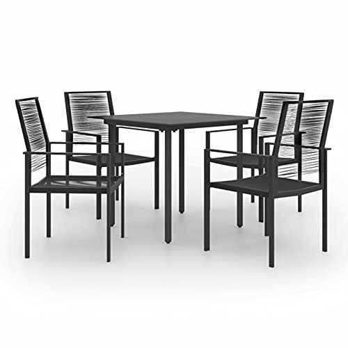 Gecheer 5-TLG. Garten Essgruppe Terrassenmöbel Set 4 Personen Sitzgruppe Gartenmöbel Set Metall Esstisch mit Glas-Tischplatte & 4 Stuhl, Gartengruppe Sitzgarnitur Schwarz