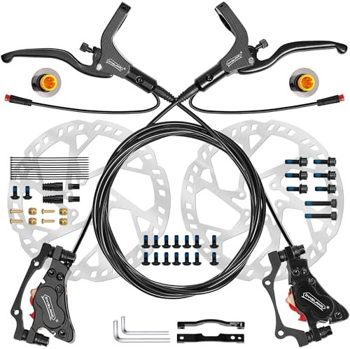 DYISLAND E-Bike Hydraulisches Scheibenbremsen Set 4-Kolben/2-Kolben, 2-pin/3-pin Vorinstallierter Mineralöl-Bremsensatz, Mit 2 Stück 180mm Rotoren (Schwarz-Vorne1100mm/Hinten1900mm/4-Kolben/3-PIN)