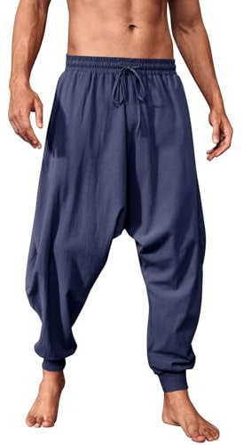 Runcati Hosen Herren Einfarbig Loose Fit Sommerhose Wikinger Pirat Mittelalter Leicht Elastische Taille Baggy Freizeithose Mit Kordelzug Und Taschen Hippie Hose Dunkelblau L